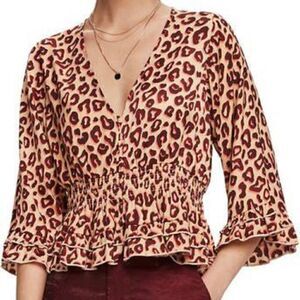 Scotch & Soda Leopard Ruffle Blouse V Neck XS